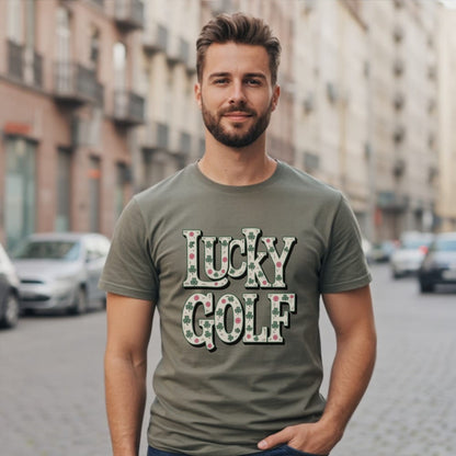 Man wearing a green t-shirt with "Lucky Golf" and shamrock print.