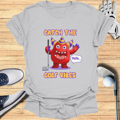 Red cartoon monster with golf club and striped hat says "Hello... Catch the golf vibes."