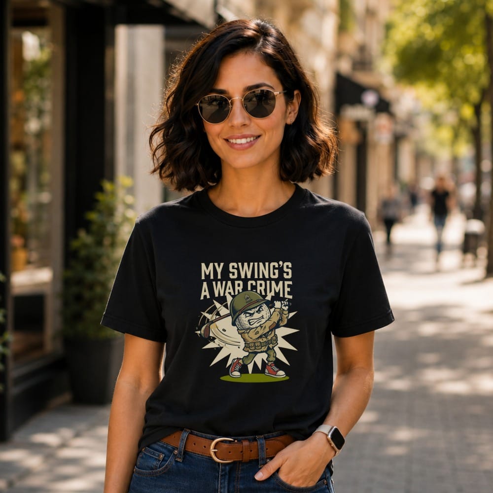 Black t-shirt with cartoon of golfer and text "MY SWING'S A WAR CRIME".