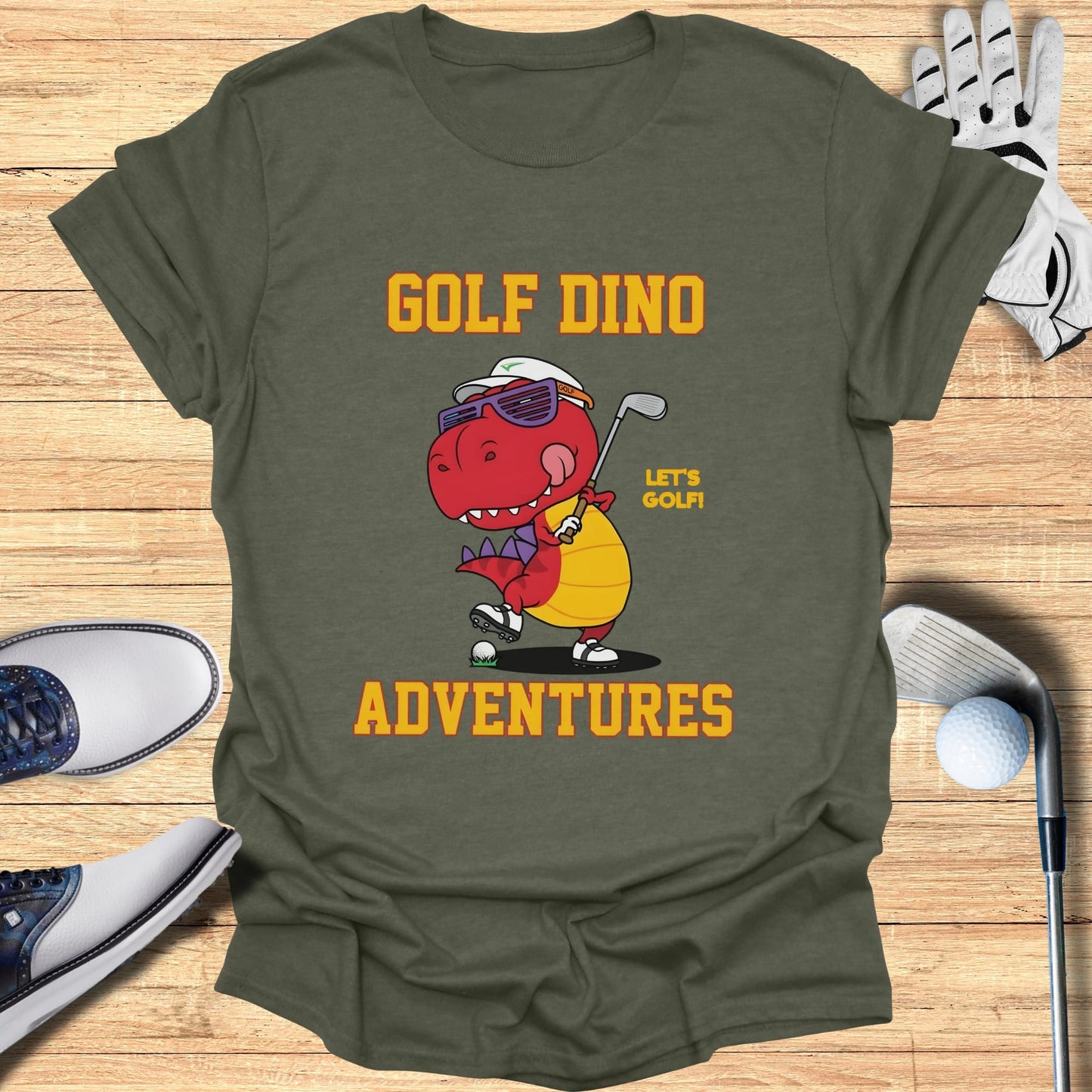 T-shirt with "Golf Dino Adventures" and a cartoon dinosaur playing golf.
