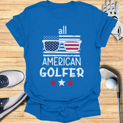 Blue t-shirt with "all AMERICAN GOLFER" text and American flag sunglasses graphic.