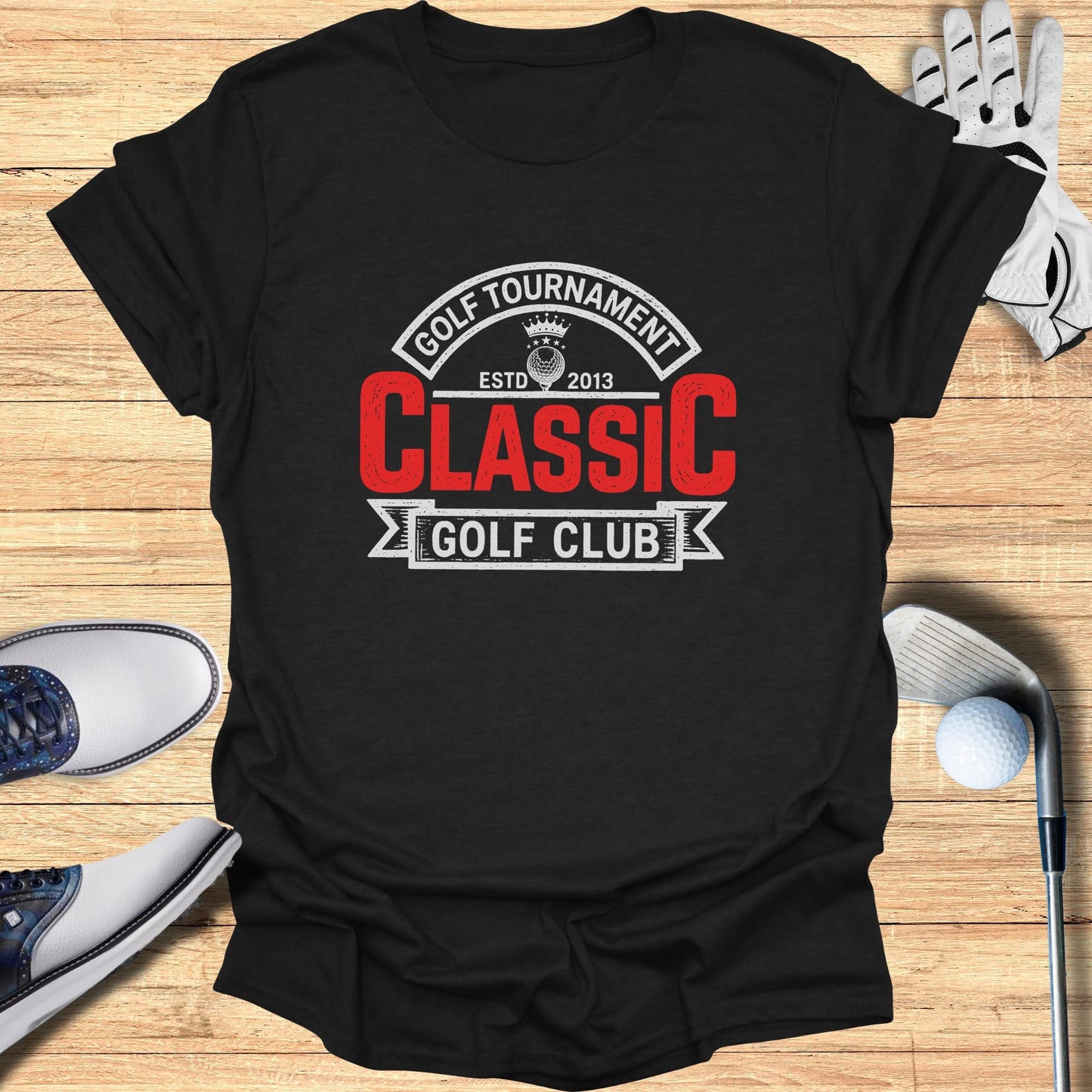 Black t-shirt with "Golf Tournament Classic Golf Club" and "ESTD 2013" text.