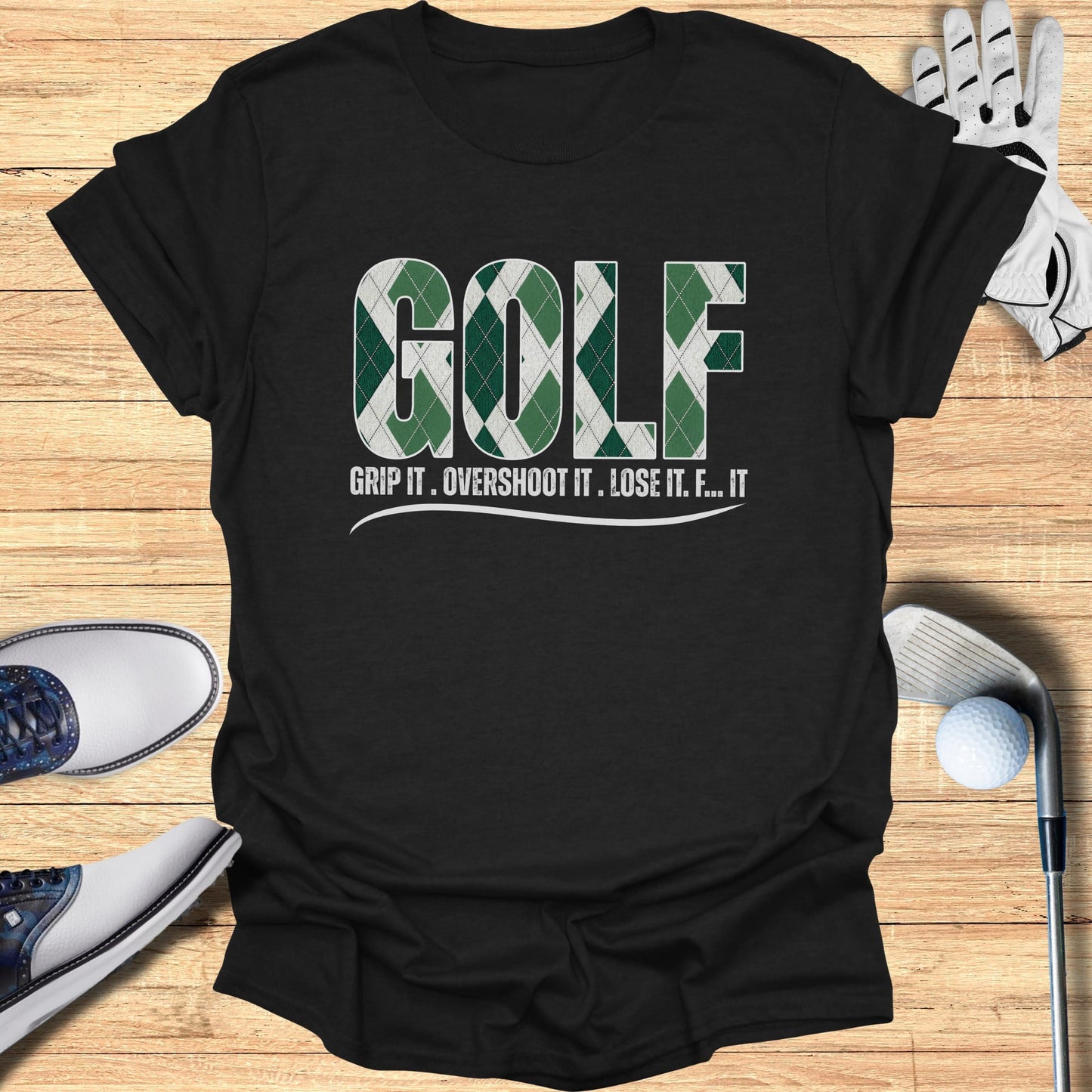 Black t-shirt with "GOLF" in green and white diamond pattern, plus text.