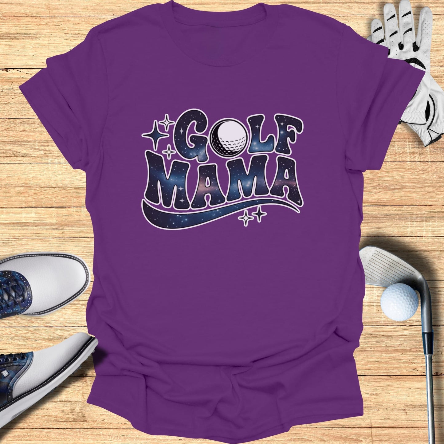 Purple t-shirt with "Golf Mama" text and golf ball design.