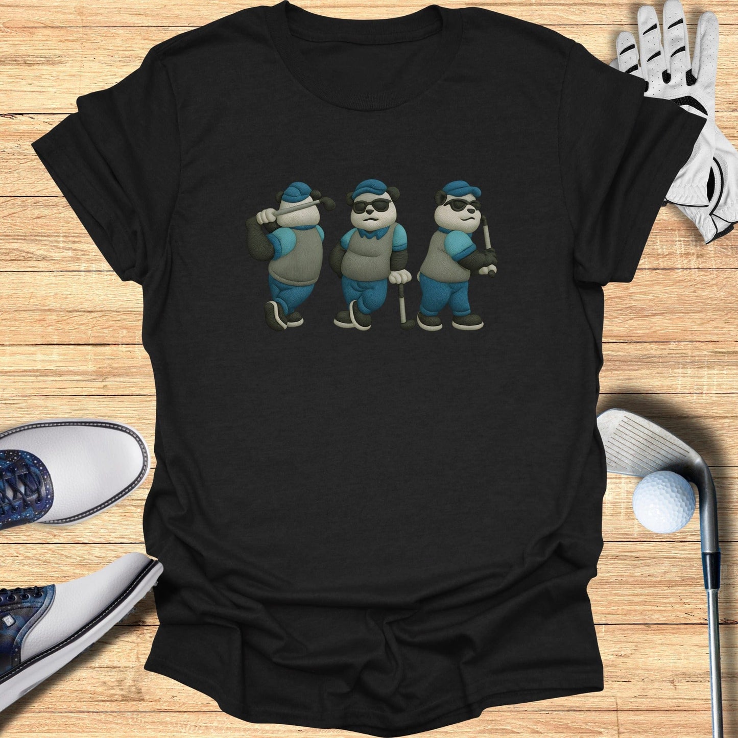 Panda Golf Characters Printed Black T-Shirt