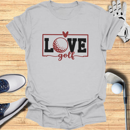 Gray t-shirt with "LOVE golf" text and golf ball graphic.