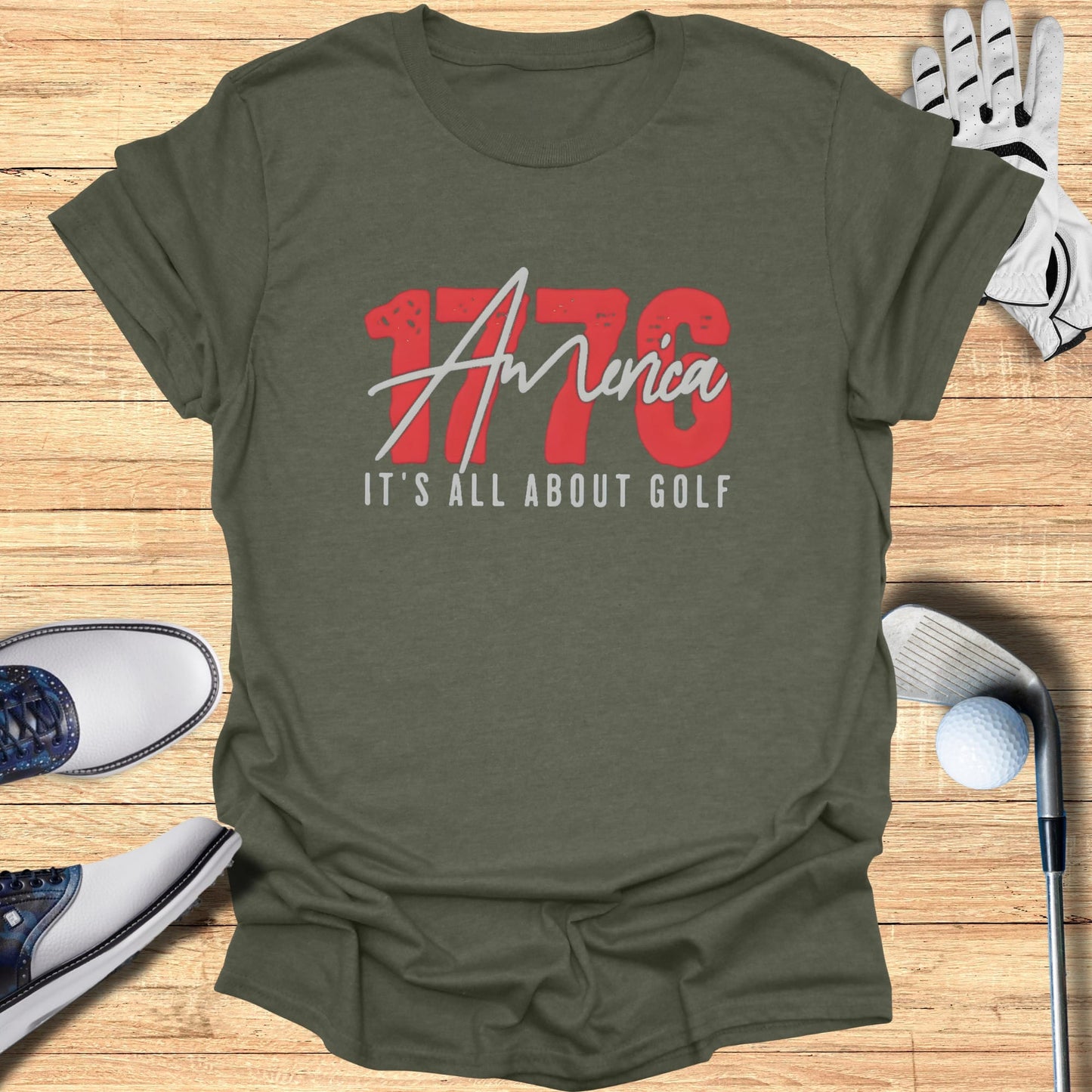 Green t-shirt with "America, It's All About Golf" graphic.