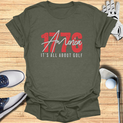 Green t-shirt with "America, It's All About Golf" graphic.