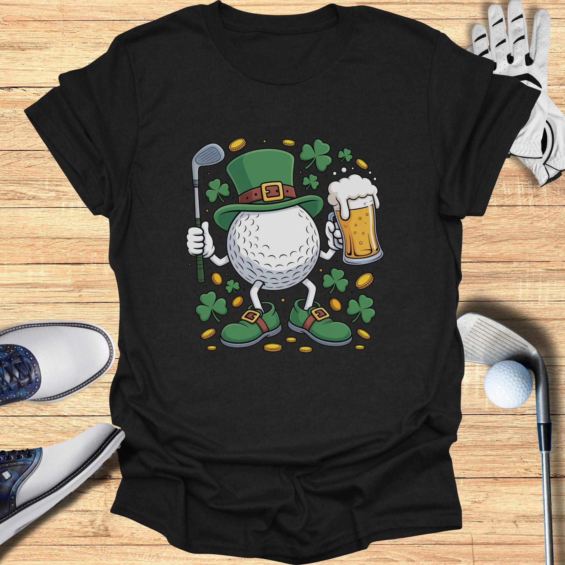 Golf ball character in a leprechaun costume holding a beer and golf club.