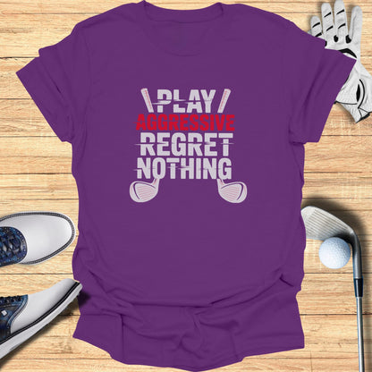 Purple t-shirt with "PLAY AGGRESSIVE REGRET NOTHING" text and golf club graphics.