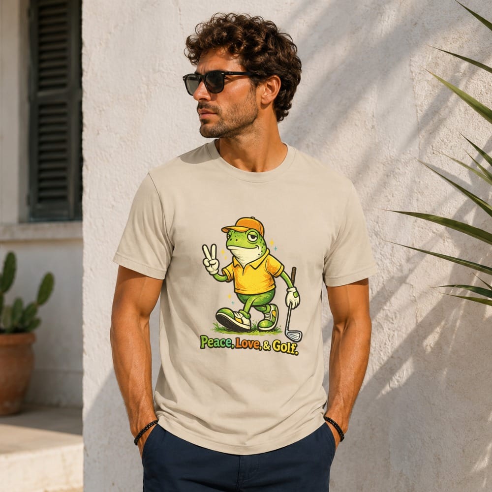 Man wearing a tan t-shirt with a cartoon frog golfer giving a peace sign.