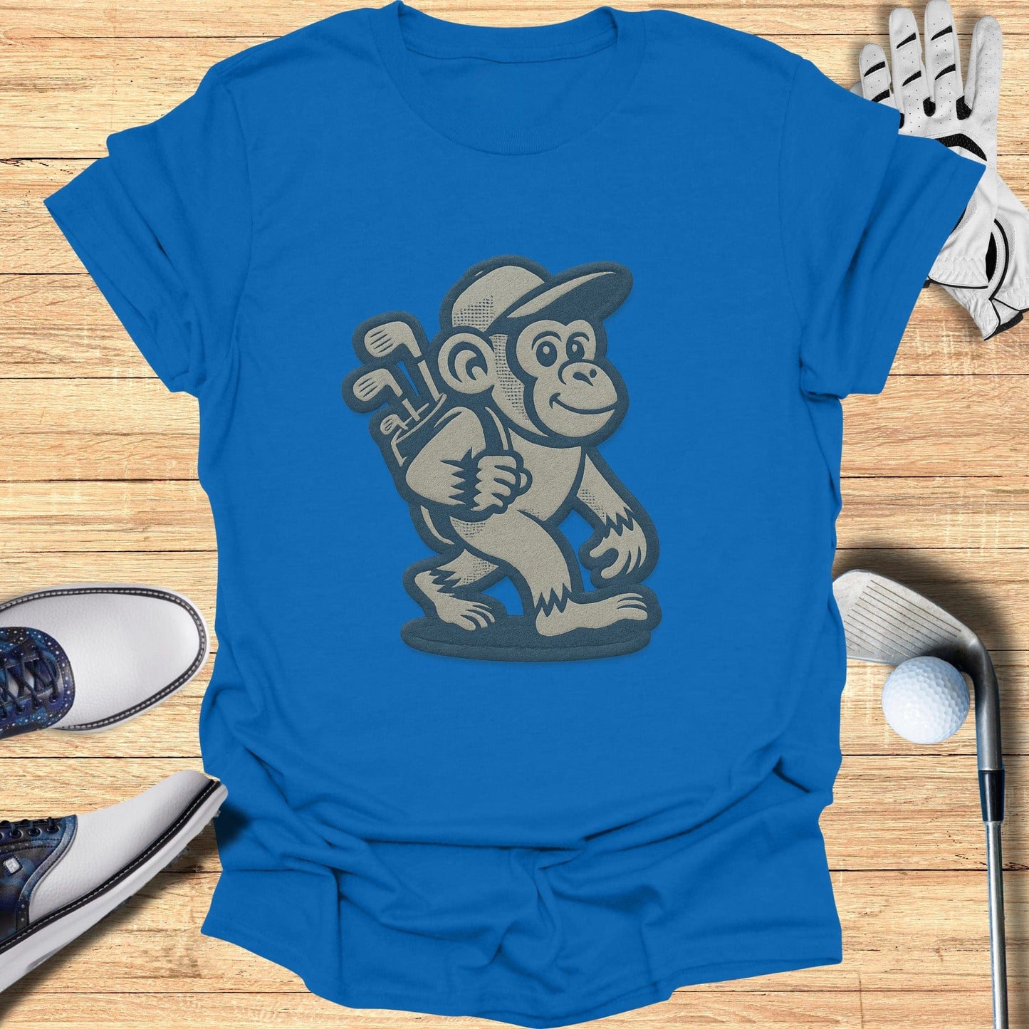 Blue Golfing Monkey Graphic T-Shirt with Club Design