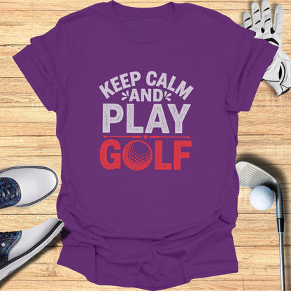 Purple t-shirt with "Keep Calm and Play Golf" text and a golf ball graphic.