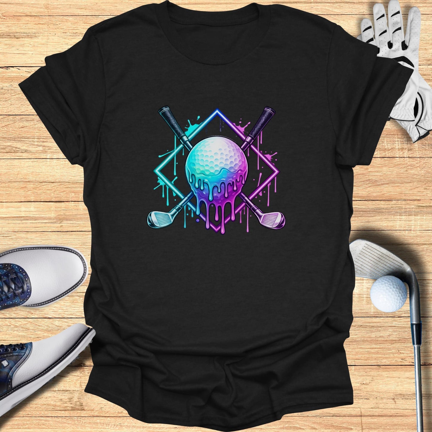 T-shirt with dripping neon golf balls and clubs design.