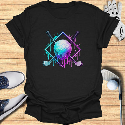 T-shirt with dripping neon golf balls and clubs design.