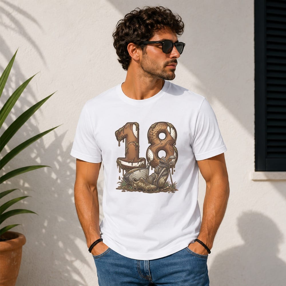White t-shirt with a "18" donut design and football player graphic.