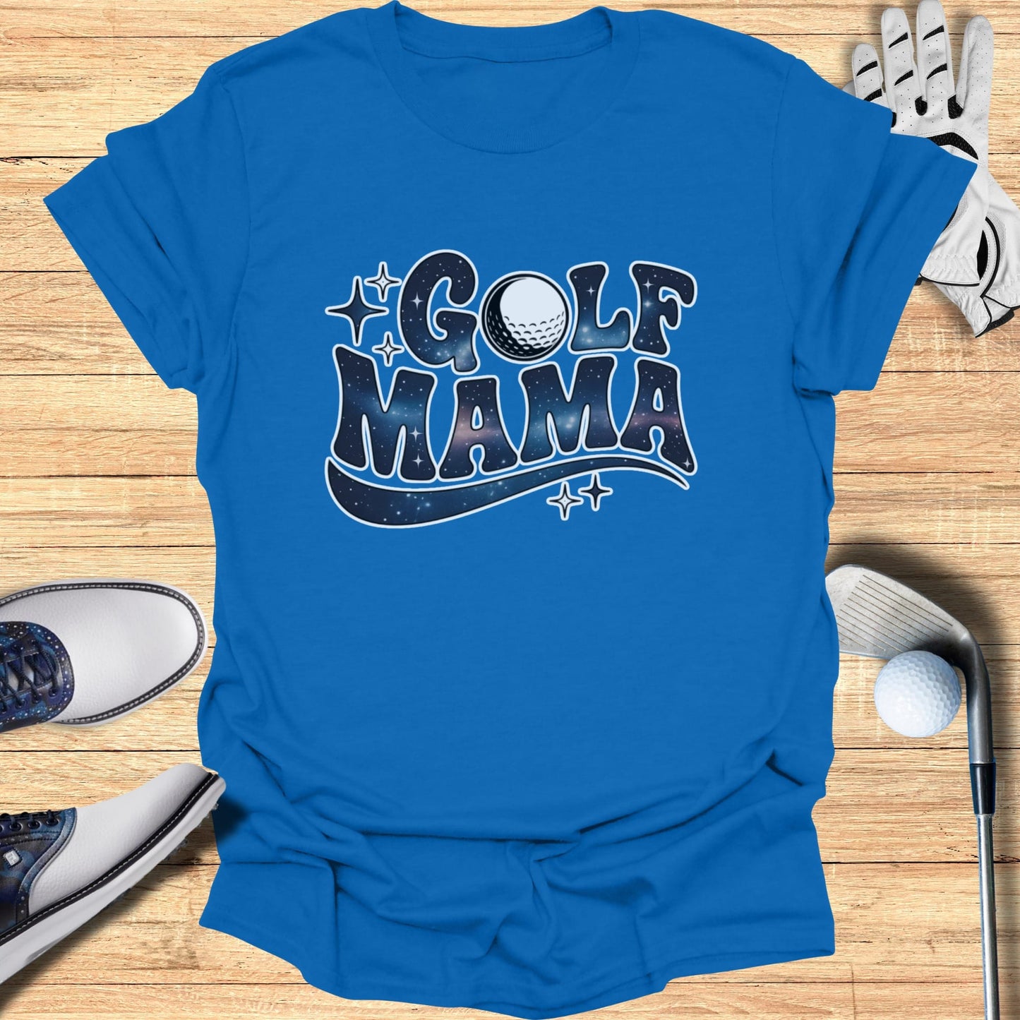 Blue t-shirt with "GOLF MAMA" text and golf ball graphic.
