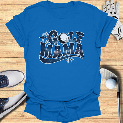 Blue t-shirt with "GOLF MAMA" text and golf ball graphic.