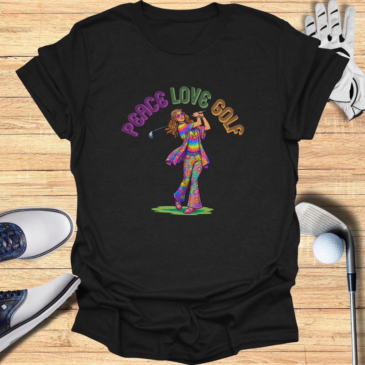 Peace Love Golf Retro Hippie Graphic T-Shirt