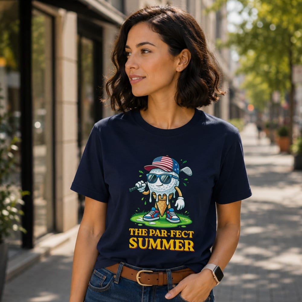 Navy t-shirt with an ice cream cone golf character wearing sunglasses and a flag.