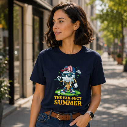 Navy t-shirt with an ice cream cone golf character wearing sunglasses and a flag.