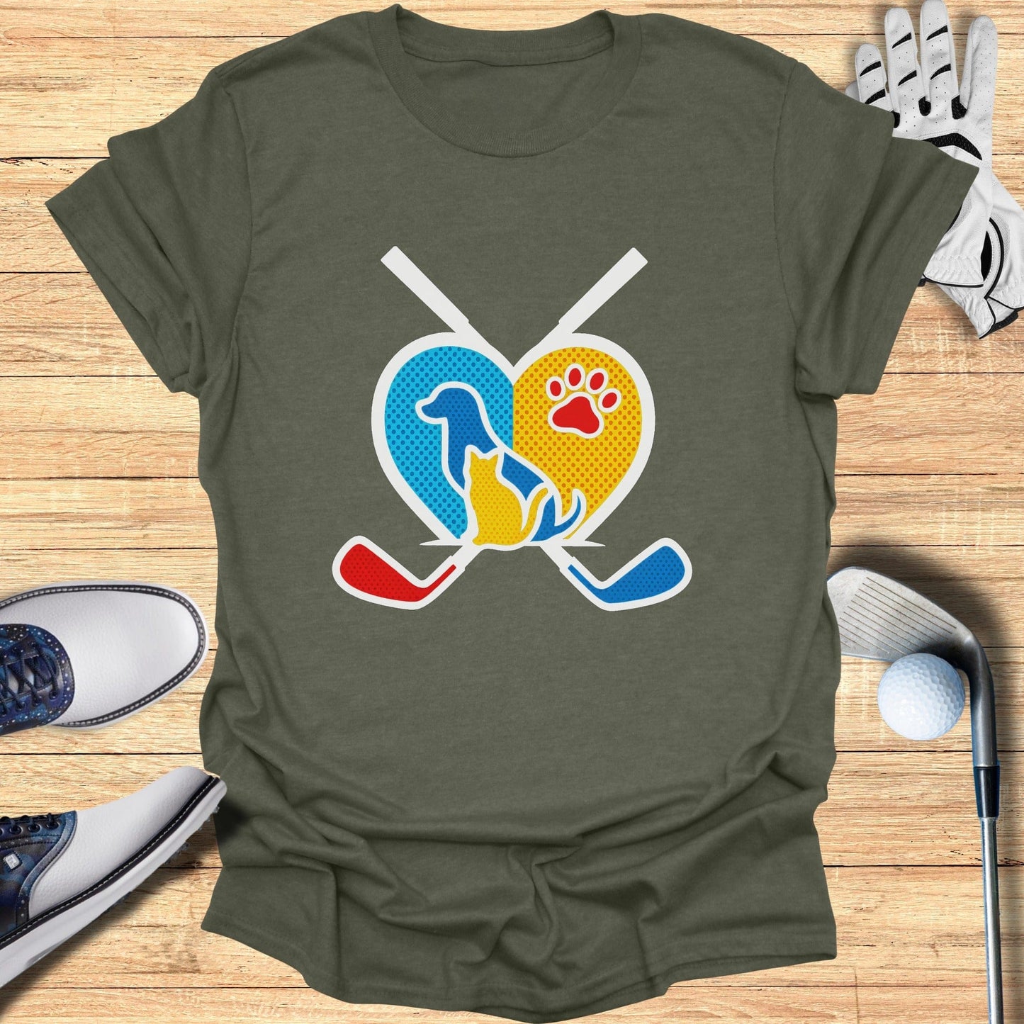 Heart Shaped Dog and Cat with Hockey Sticks T-shirt