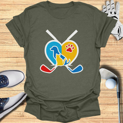 Heart Shaped Dog and Cat with Hockey Sticks T-shirt