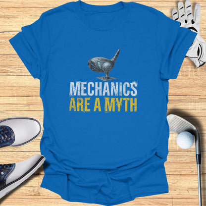 Blue t-shirt with "Mechanics Are A Myth" in distressed yellow and white text.