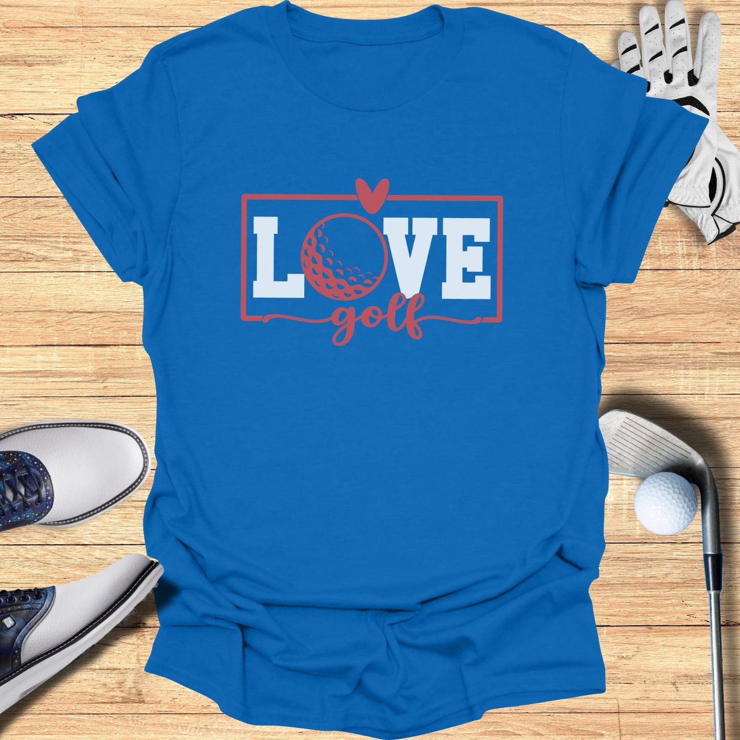 Blue t-shirt with "LOVE golf" text and a golf ball graphic.