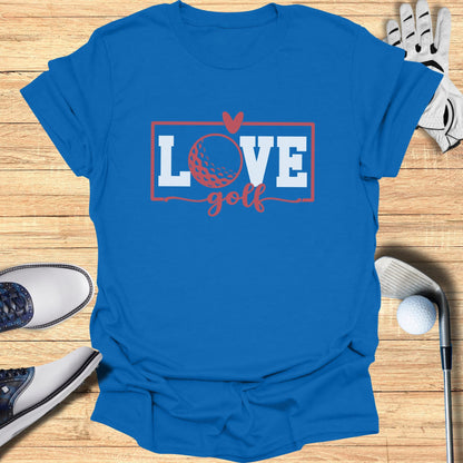 Blue t-shirt with "LOVE golf" text and a golf ball graphic.