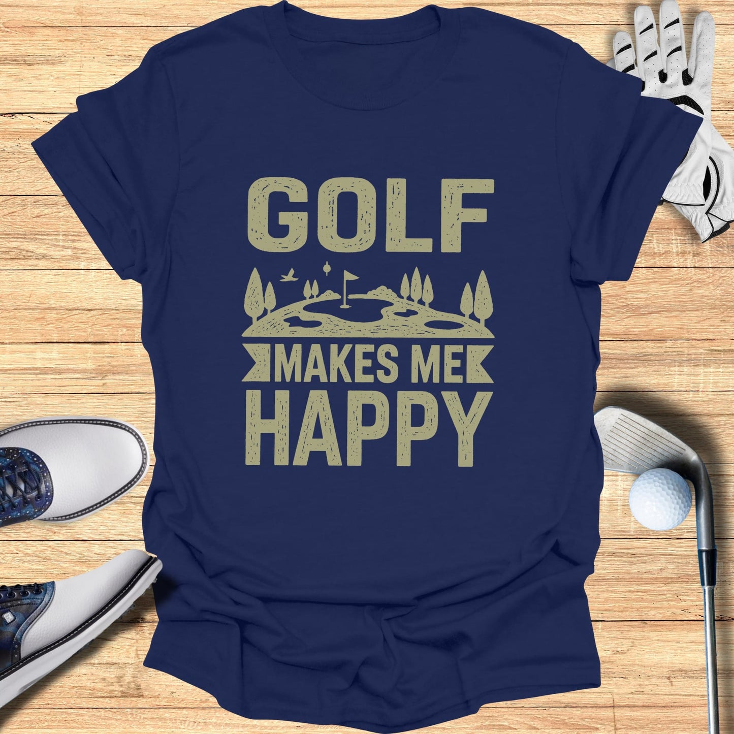 Navy t-shirt with "GOLF MAKES ME HAPPY" text and golf course graphic.