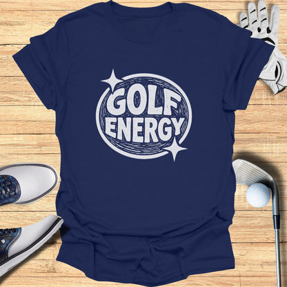 Navy t-shirt with "GOLF ENERGY" text in a circular distressed graphic.