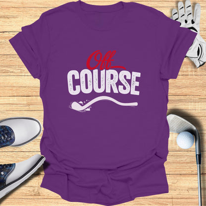 Purple t-shirt with "Off Course" graphic and golf accessories.
