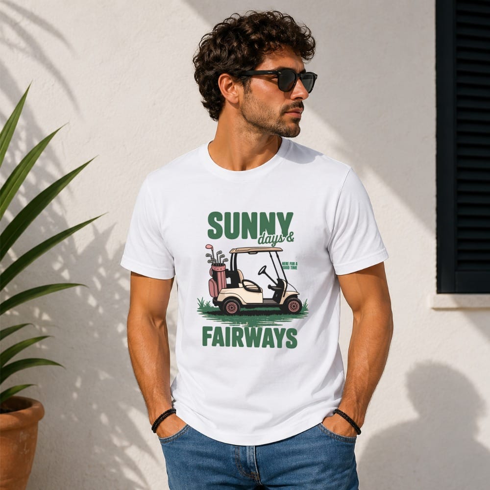 White t-shirt with golf cart, clubs, and text "Sunny days & fairways."