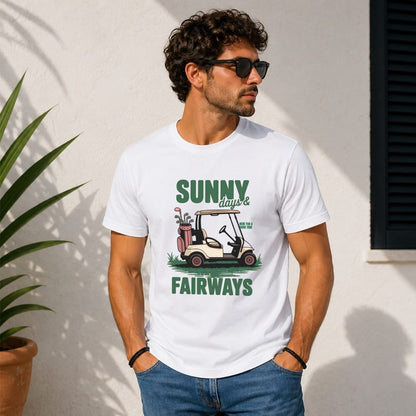 White t-shirt with golf cart, clubs, and text "Sunny days & fairways."