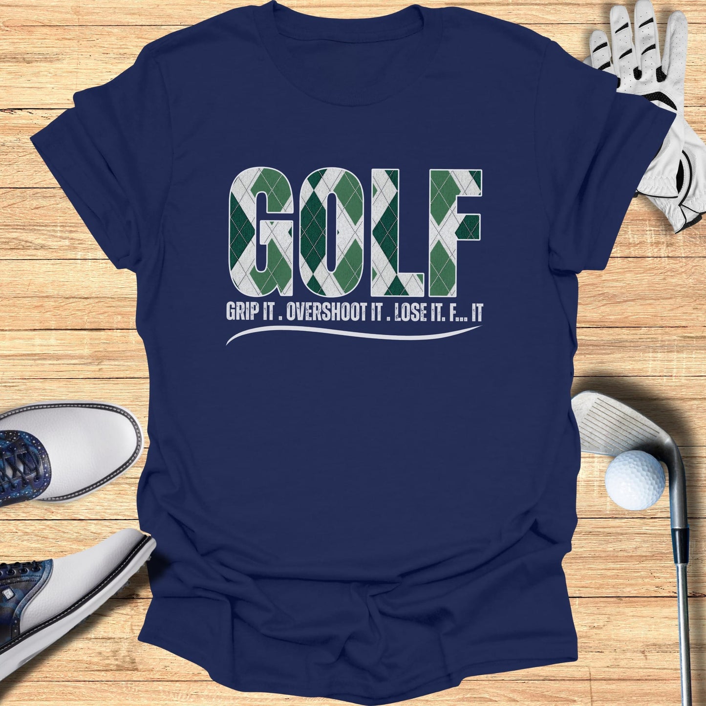 Navy t-shirt with "GOLF" in argyle pattern and slogan below.