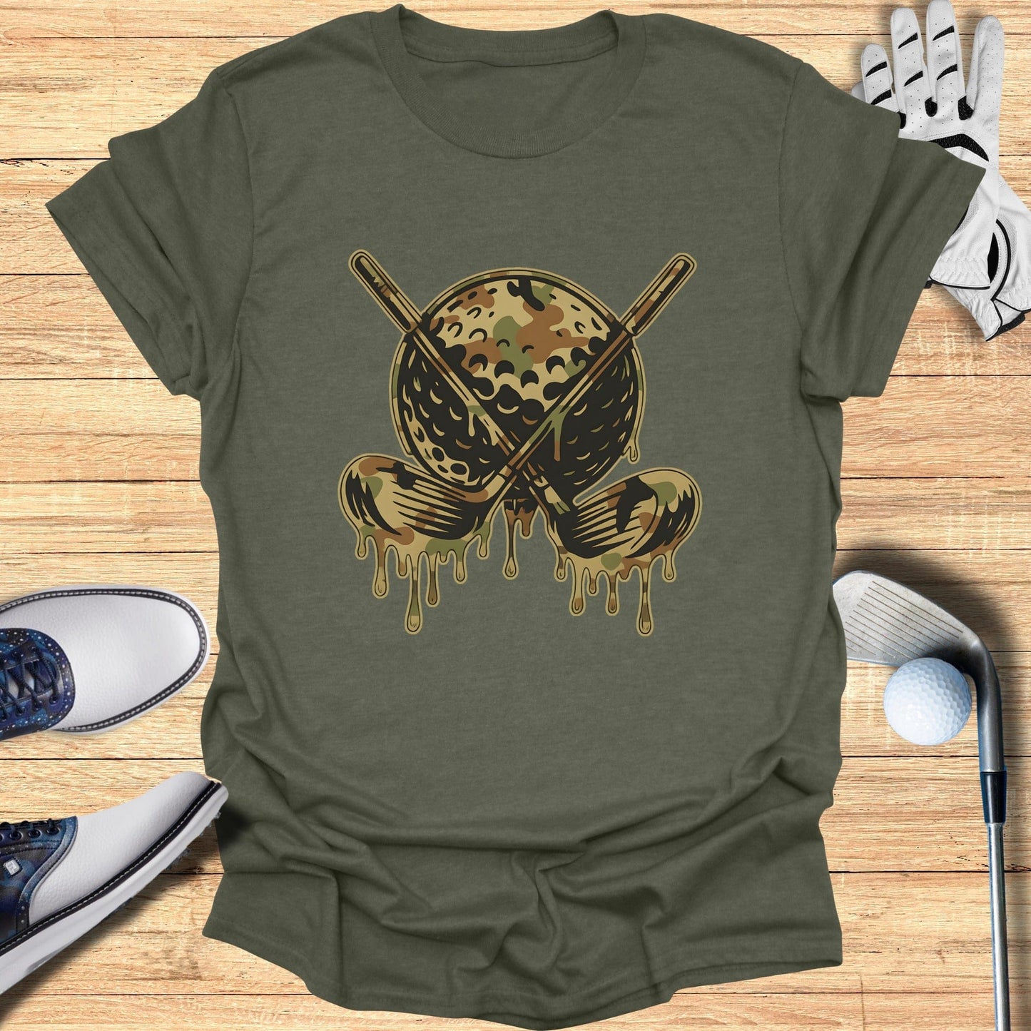 Camo Golf Ball and Clubs Dripping Graphic T-Shirt