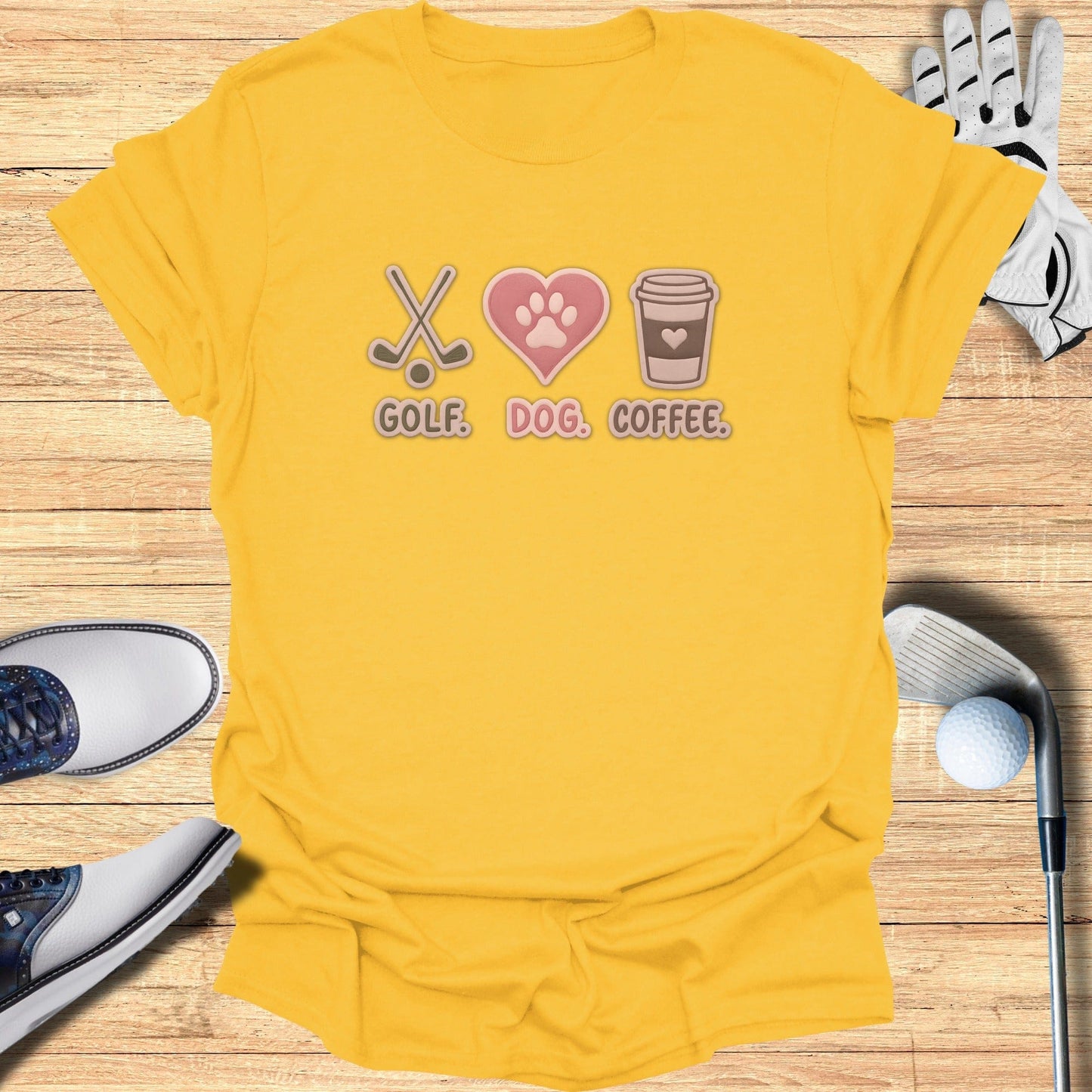 Golf Dog Coffee Graphic Tee with Fun Icons Design
