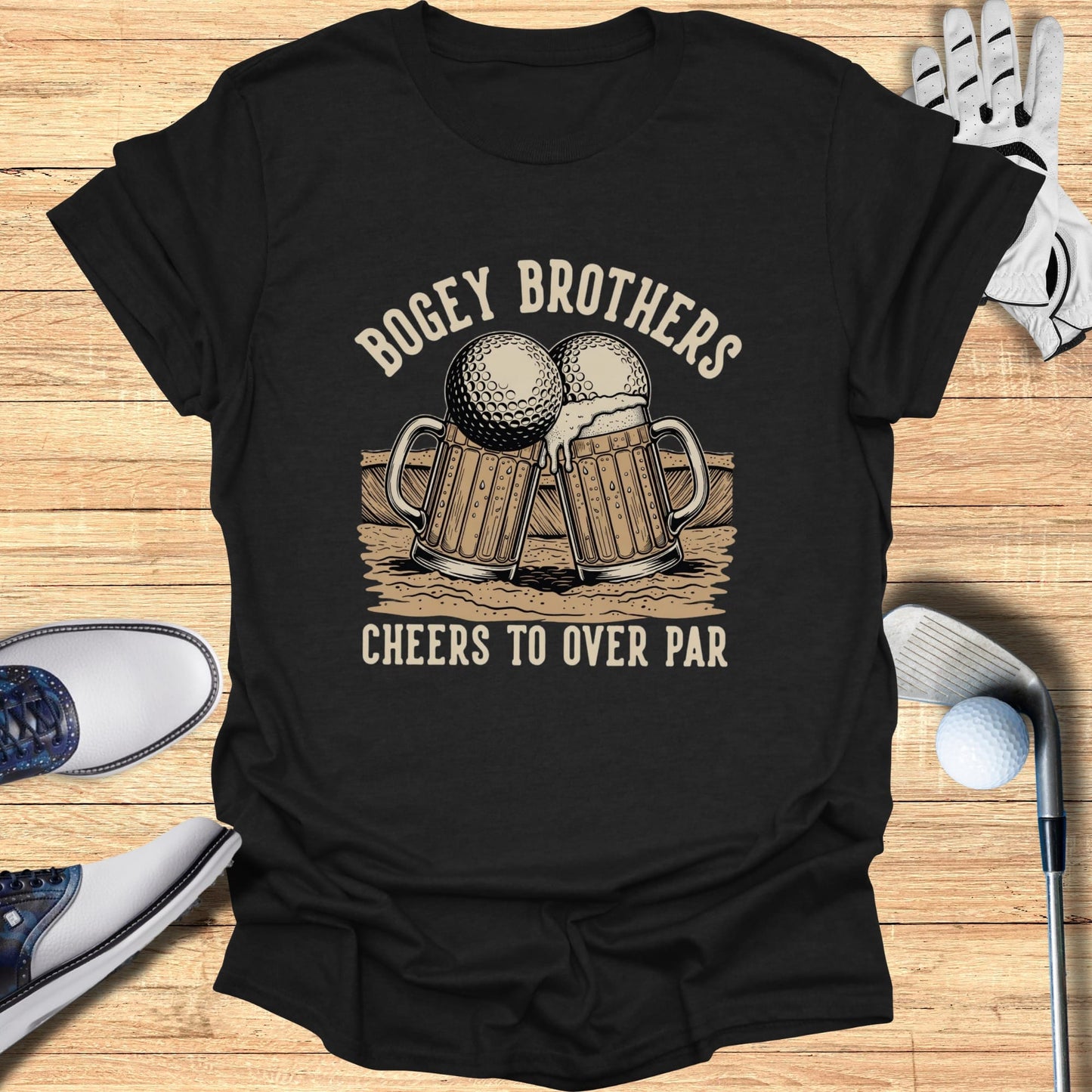 T-shirt with "Bogey Brothers Cheers to Over Par" text and beer mugs with golf balls.