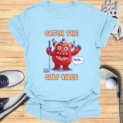 Red monster in striped hat, holding golf club, says "Hello."