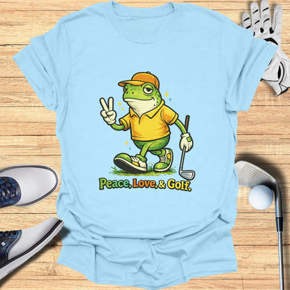 Cartoon frog in golf attire giving peace sign with "Peace, Love, & Golf" text.