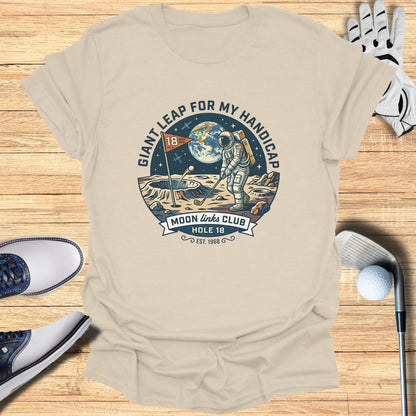 Astronaut golfing on the moon with "Moon Links Club" text and golf gear.