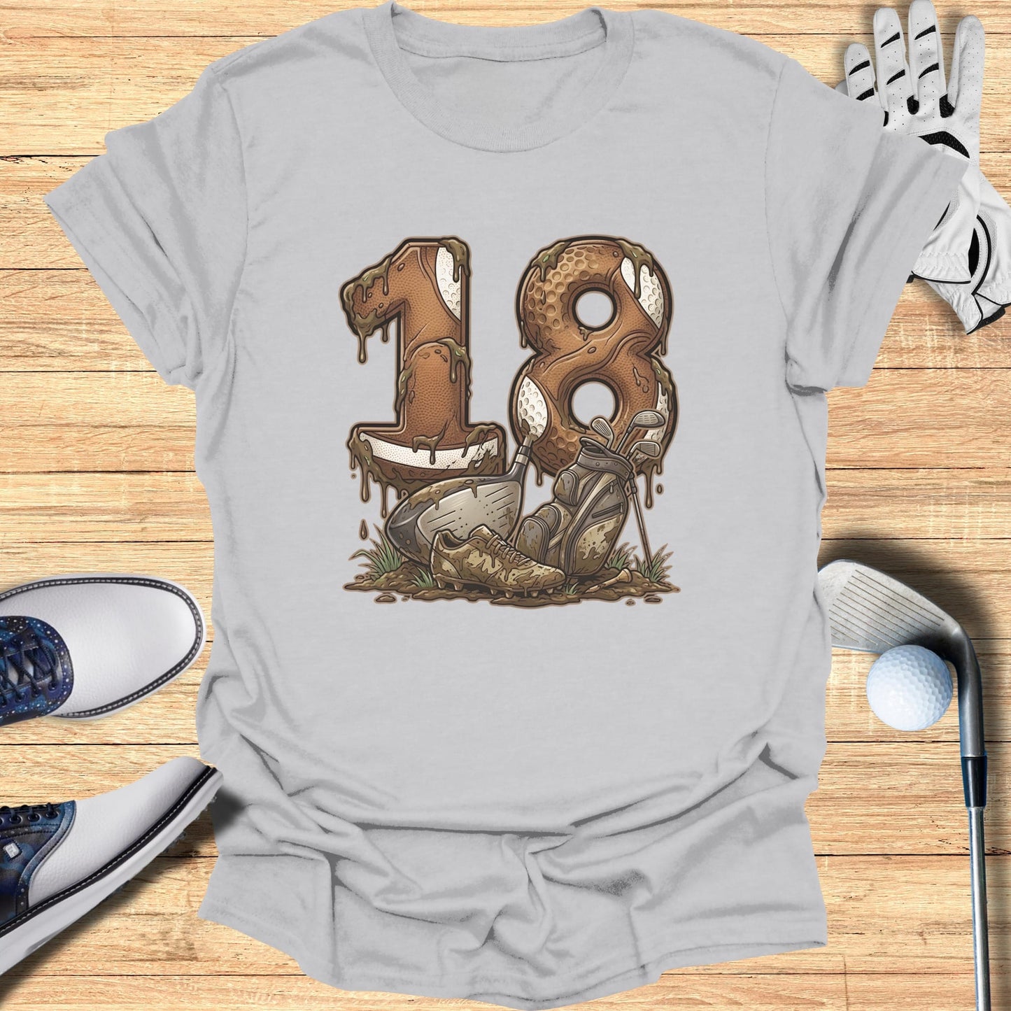 Golf bag and clubs with the number 18 made of donut and football.