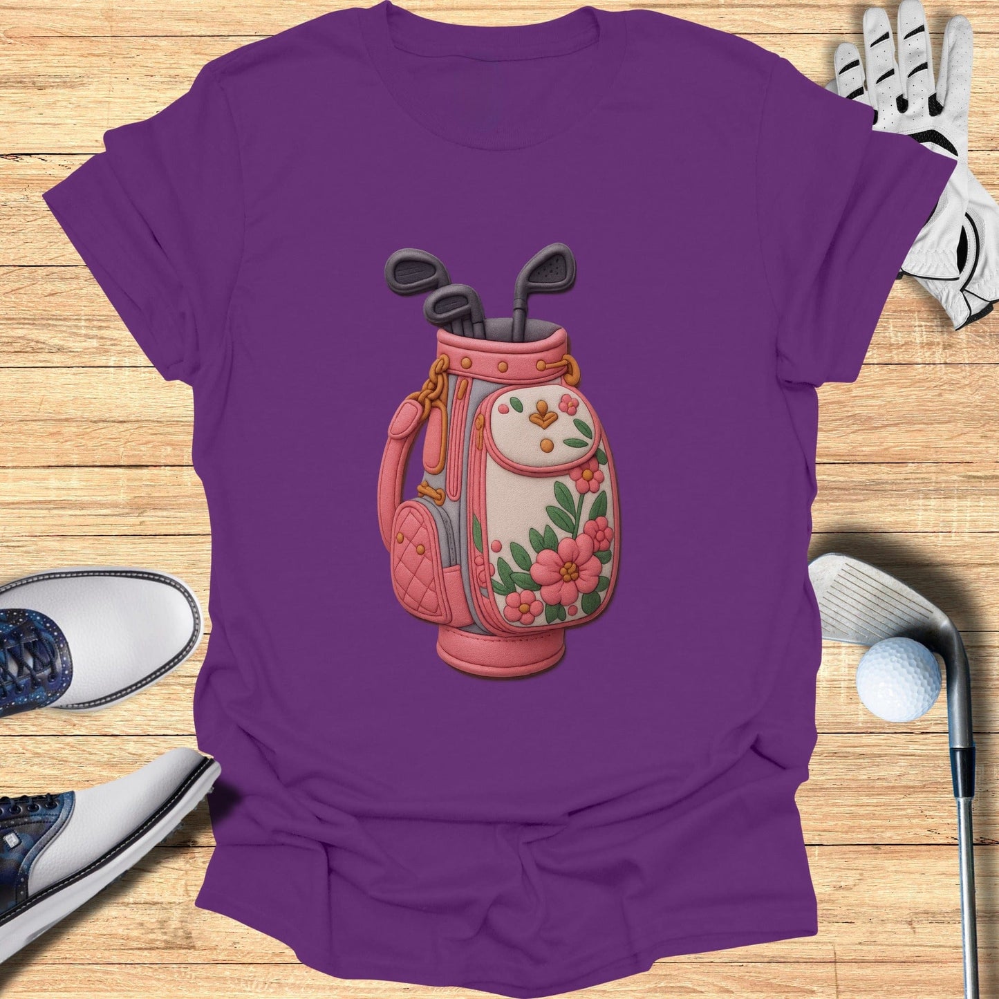 Purple Shirt Featuring Floral Golf Bag Design