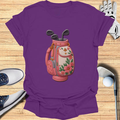 Purple Shirt Featuring Floral Golf Bag Design