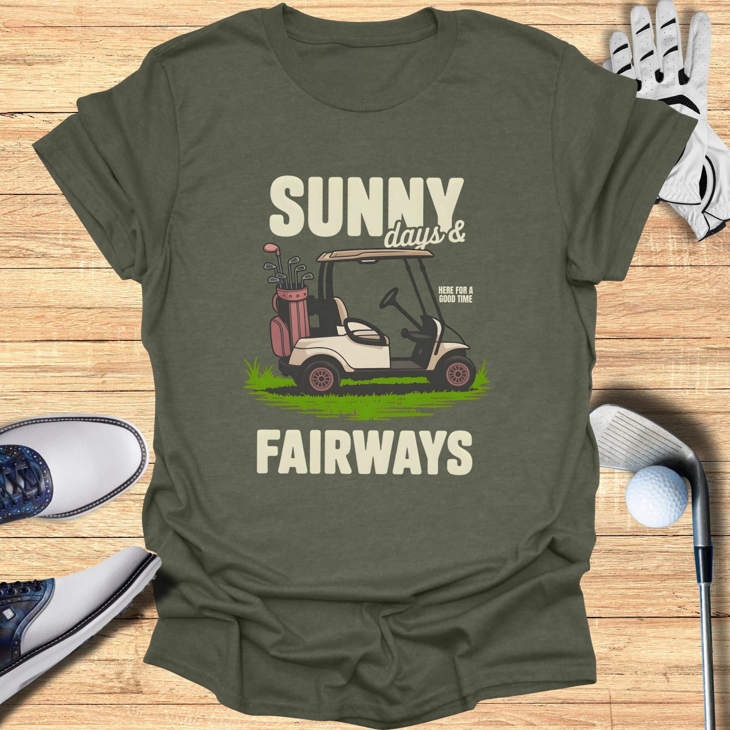 T-shirt with "Sunny Days & Fairways" text and golf cart graphic.