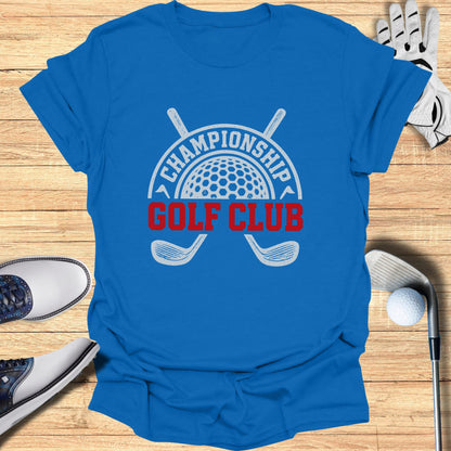 Blue t-shirt with "Championship Golf Club" text and crossed golf clubs graphic.