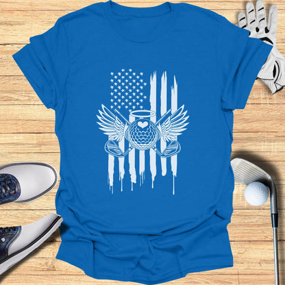 Patriotic Golf Themed Shirt with Winged Golf Ball Design