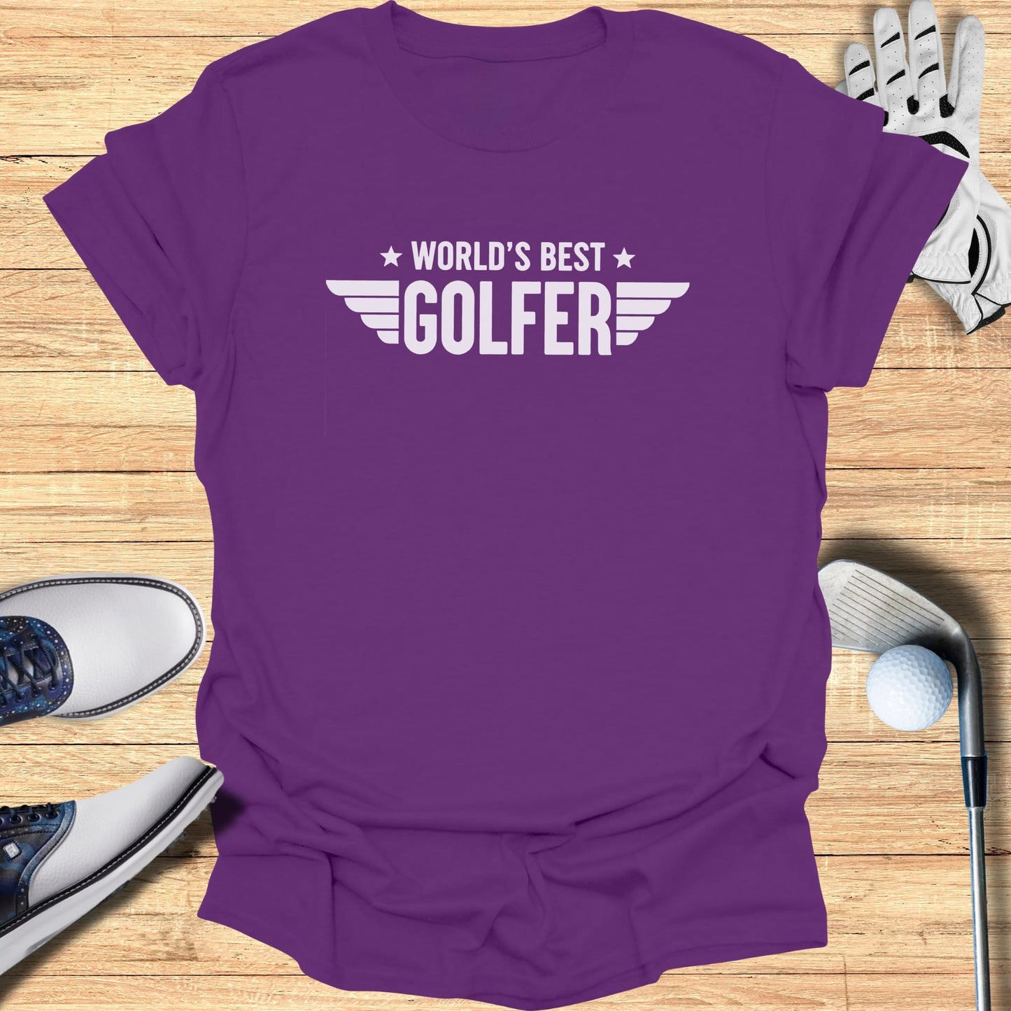Purple t-shirt with "World's Best Golfer" text and wings.