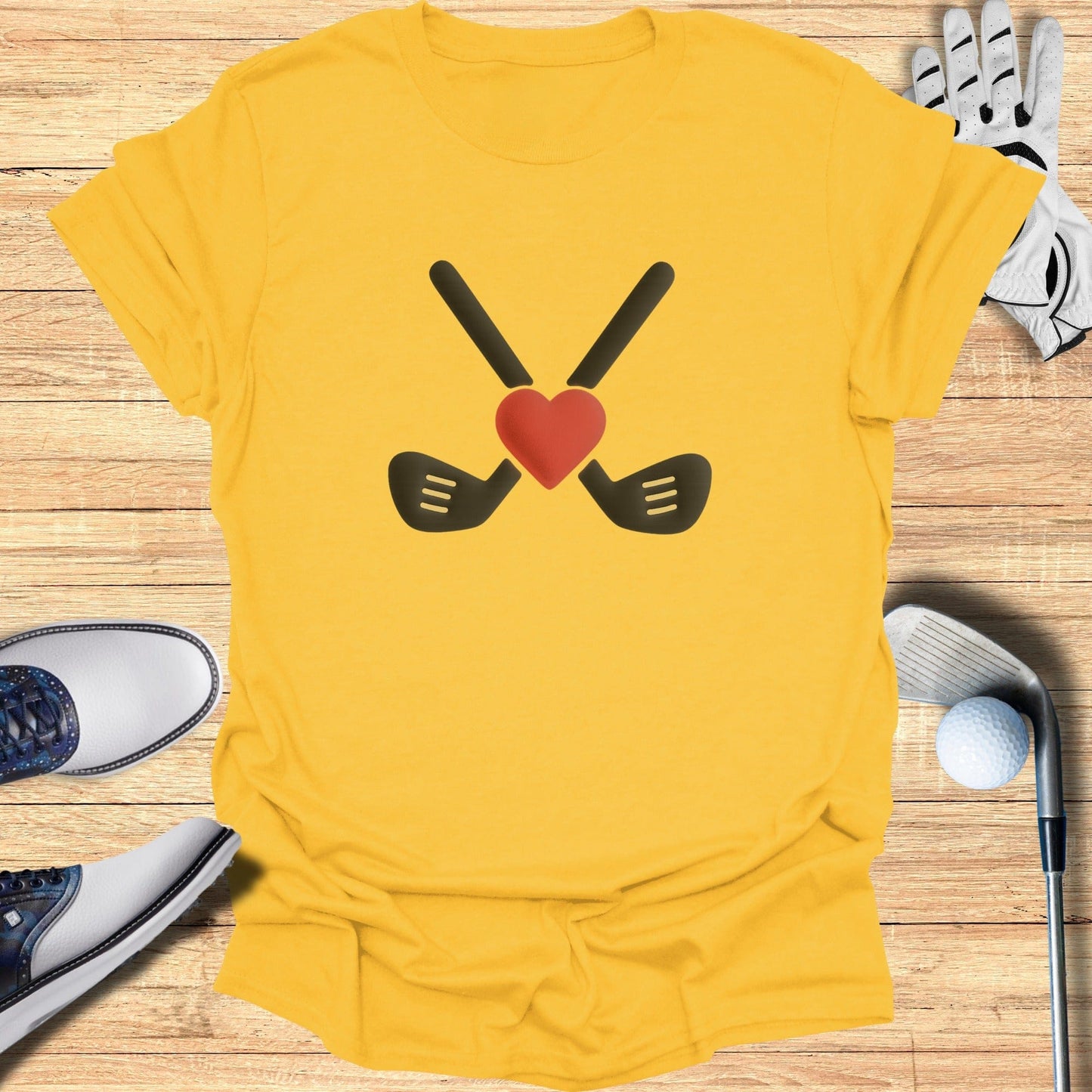 Yellow T-shirt with Heart and Crossed Golf Clubs Design